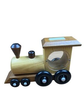 Vintage Amish Wooden Train Coin Bank Handmade Turning Wheels